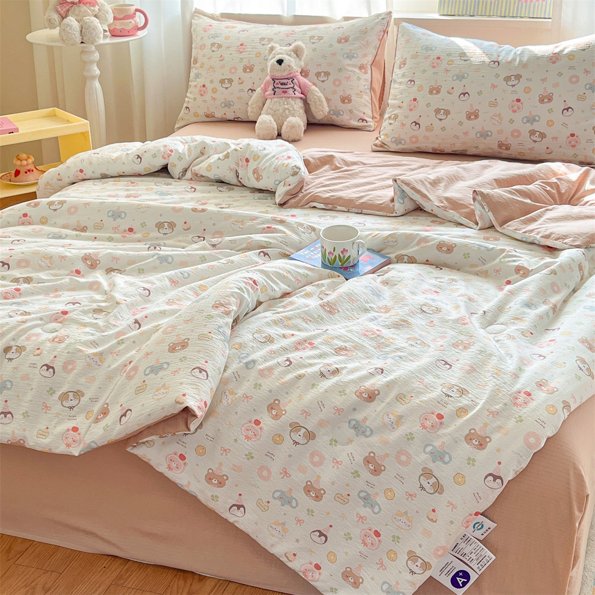 91家纺网 家纺一手货源 找家纺 盛秋家纺 2026新款皱皱纱印花夏被-萝拉 麻薯团+米驼