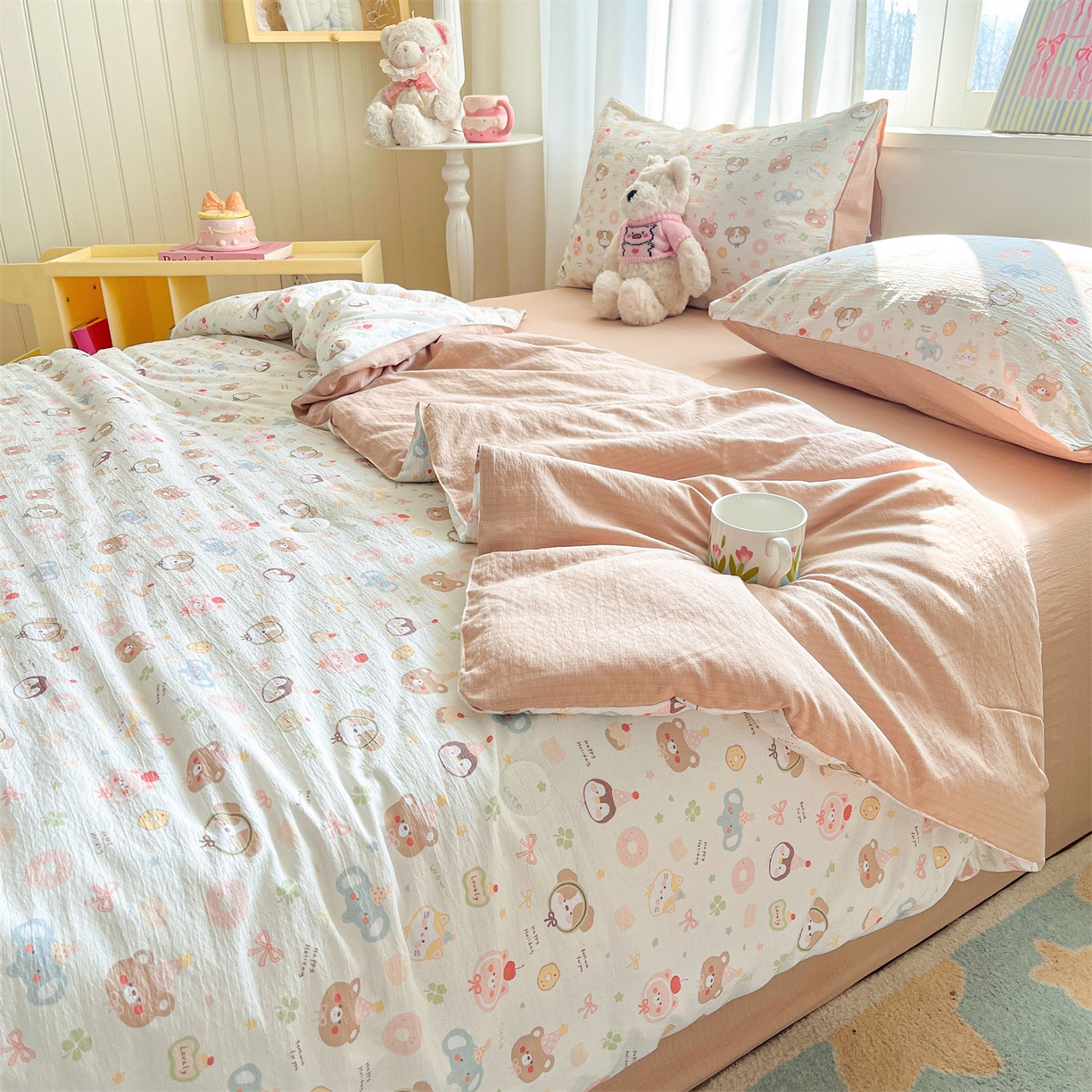 91家纺网 家纺一手货源 找家纺 盛秋家纺 2026新款皱皱纱印花夏被-萝拉 麻薯团+米驼