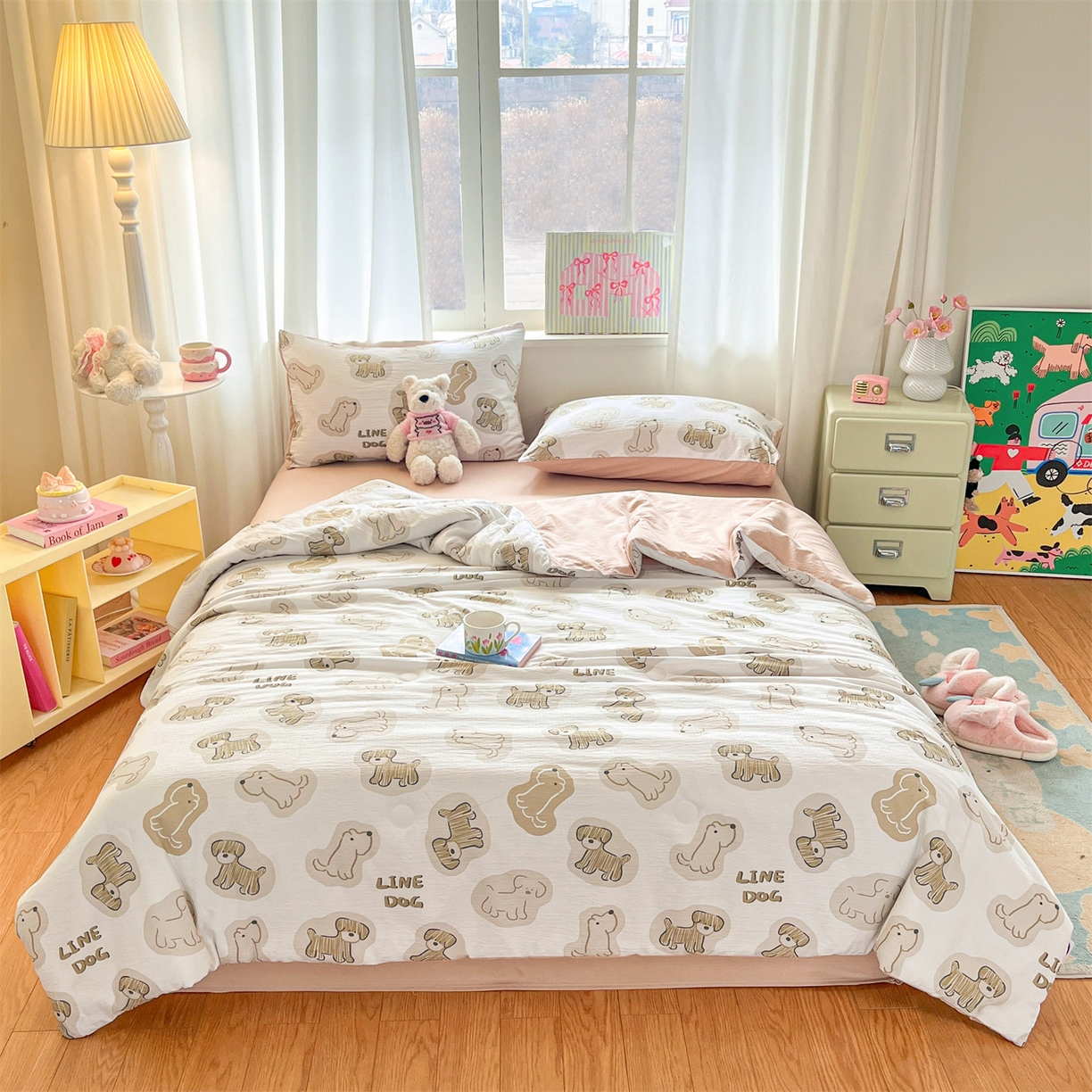 91家纺网 家纺一手货源 找家纺 盛秋家纺 2026新款皱皱纱印花夏被-萝拉 修勾咖+米驼