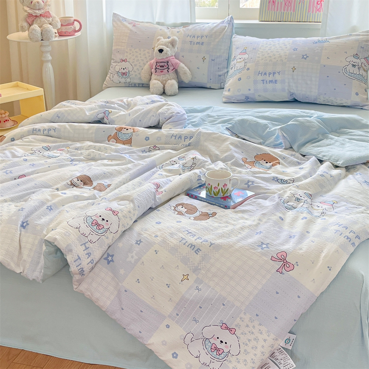 91家纺网 家纺一手货源 找家纺 盛秋家纺 2026新款皱皱纱印花夏被-萝拉 可可颂蓝+天空蓝