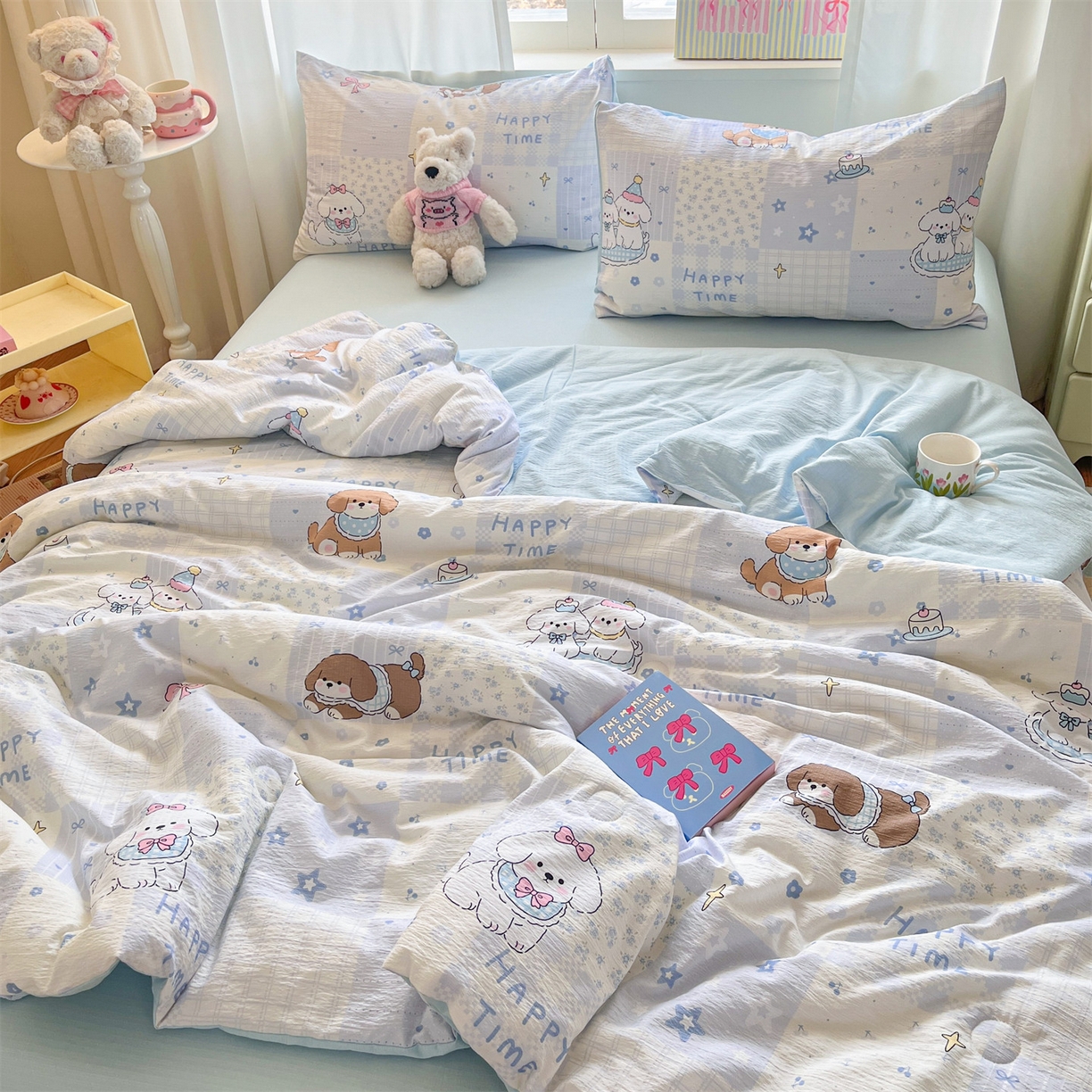 91家纺网 家纺一手货源 找家纺 盛秋家纺 2026新款皱皱纱印花夏被-萝拉 可可颂蓝+天空蓝