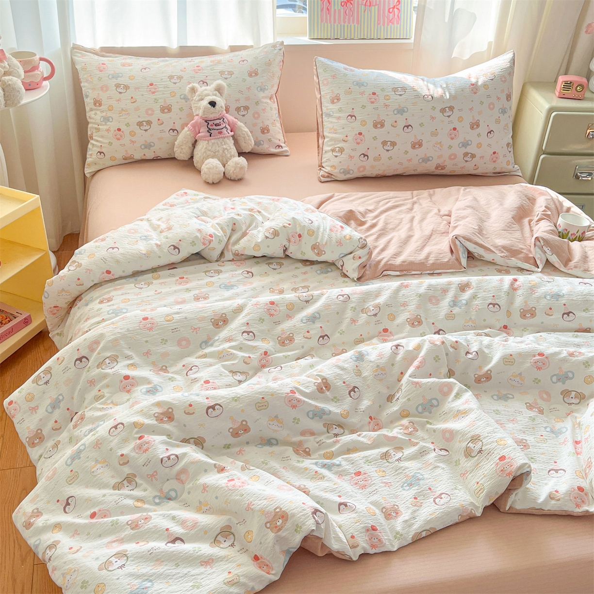 91家纺网 家纺一手货源 找家纺 盛秋家纺 2026新款皱皱纱印花夏被-萝拉 麻薯团+米驼