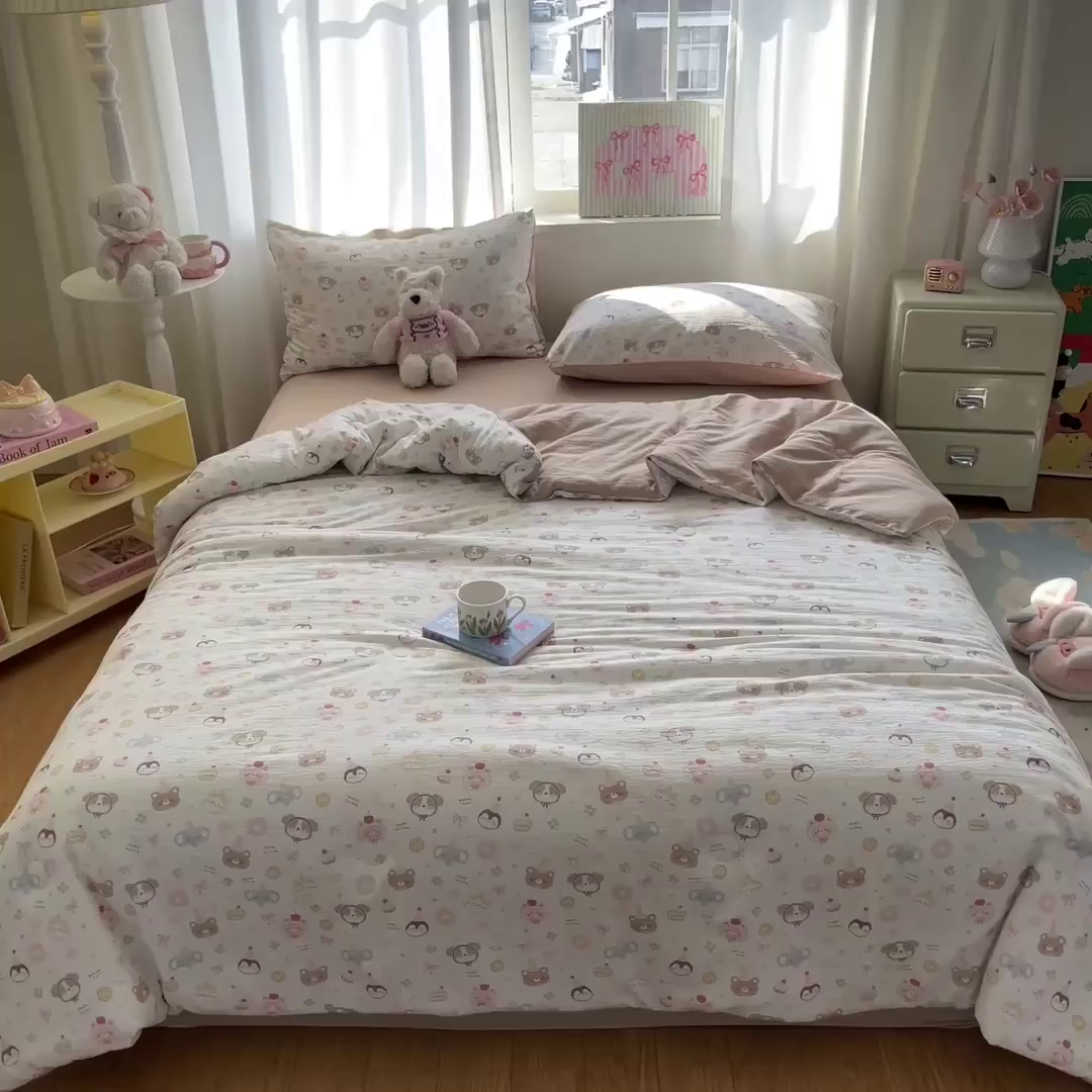 91家纺网 家纺一手货源 找家纺 盛秋家纺 2026新款皱皱纱印花夏被-萝拉 麻薯团+米驼