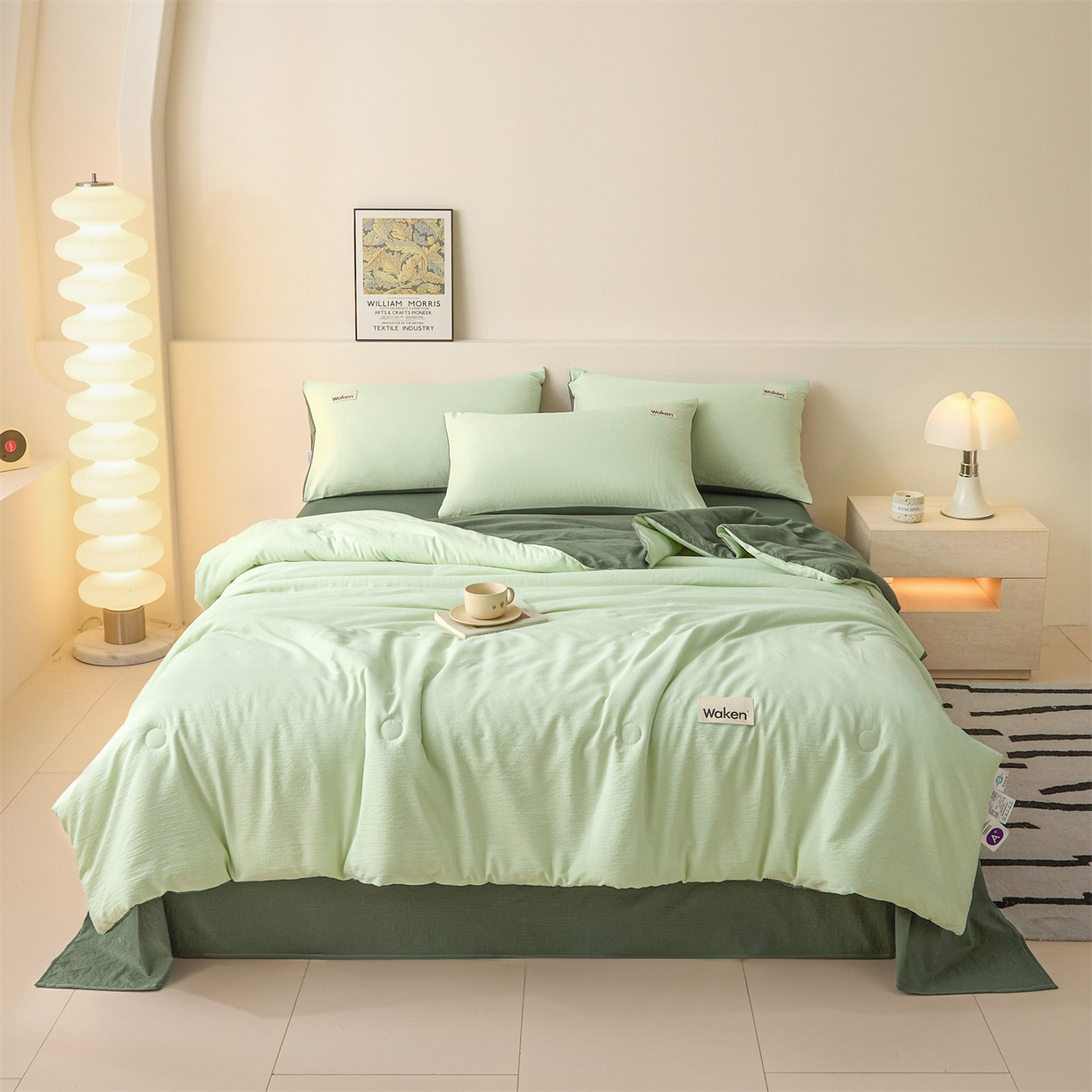 91家纺网 家纺一手货源 找家纺 盛秋家纺 2026新款皱皱纱贴标夏被-杰克 清新绿+军绿