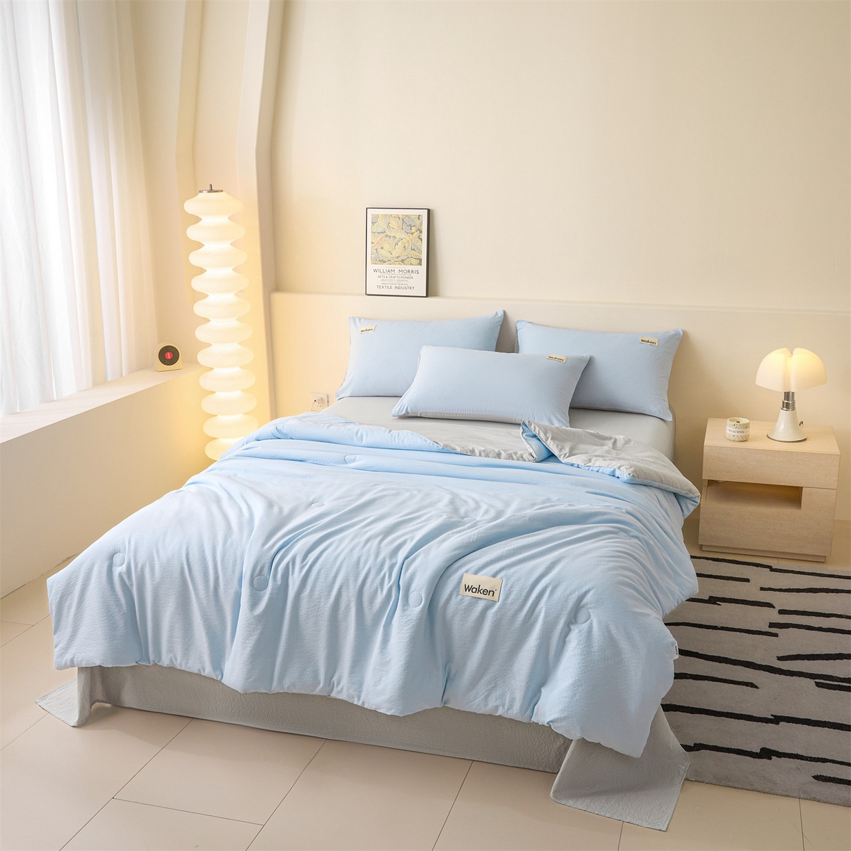 91家纺网 家纺一手货源 找家纺 盛秋家纺 2026新款皱皱纱贴标夏被-杰克 天空蓝+山灰