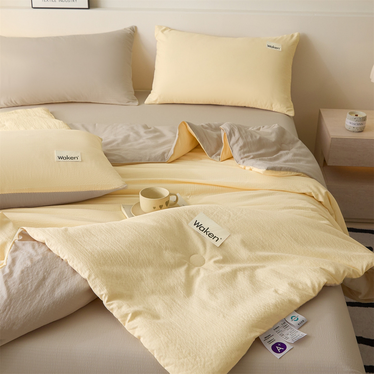 91家纺网 家纺一手货源 找家纺 盛秋家纺 2026新款皱皱纱贴标夏被-杰克 奶黄+梧桐杏