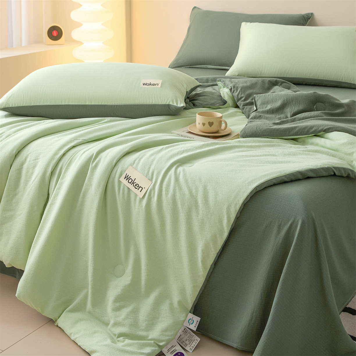 91家纺网 家纺一手货源 找家纺 盛秋家纺 2026新款皱皱纱贴标夏被-杰克 清新绿+军绿