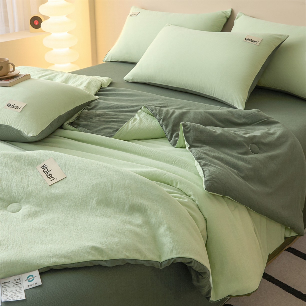 91家纺网 家纺一手货源 找家纺 盛秋家纺 2026新款皱皱纱贴标夏被-杰克 清新绿+军绿