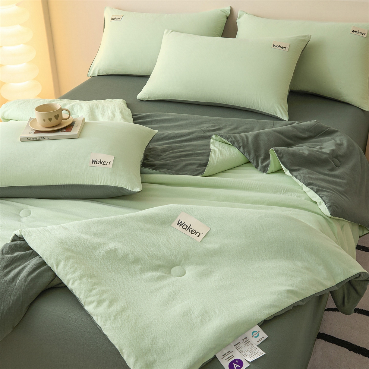 91家纺网 家纺一手货源 找家纺 盛秋家纺 2026新款皱皱纱贴标夏被-杰克 清新绿+军绿