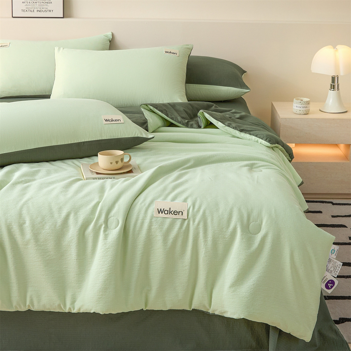 91家纺网 家纺一手货源 找家纺 盛秋家纺 2026新款皱皱纱贴标夏被-杰克 清新绿+军绿