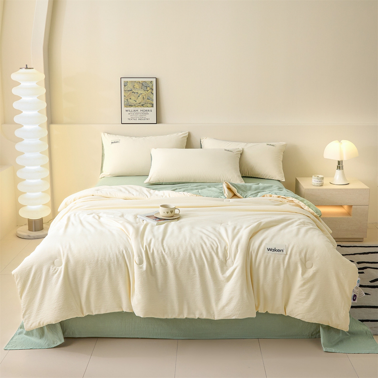 91家纺网 家纺一手货源 找家纺 盛秋家纺 2026新款皱皱纱贴标夏被-杰克 奶昔白+麦绿