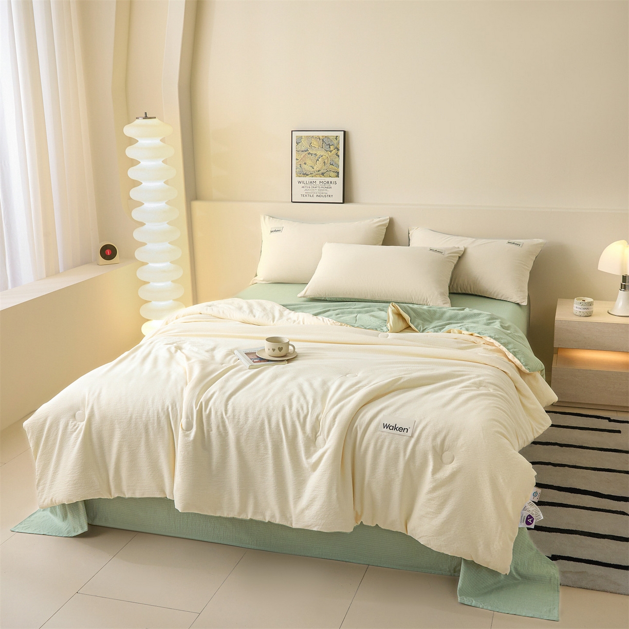 91家纺网 家纺一手货源 找家纺 盛秋家纺 2026新款皱皱纱贴标夏被-杰克 奶昔白+麦绿