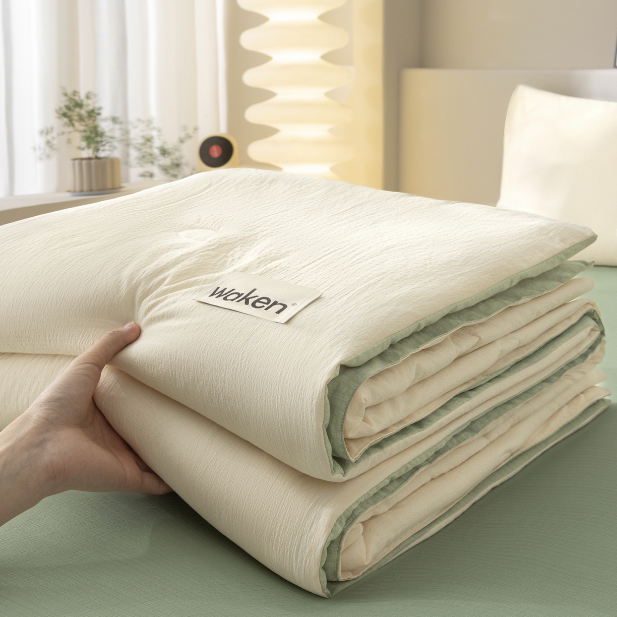 盛秋家纺 2026新款皱皱纱贴标夏被-杰克 奶昔白+麦绿