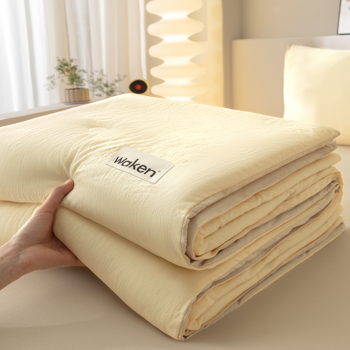 盛秋家纺 2026新款皱皱纱贴标夏被-杰克 奶黄+梧桐杏