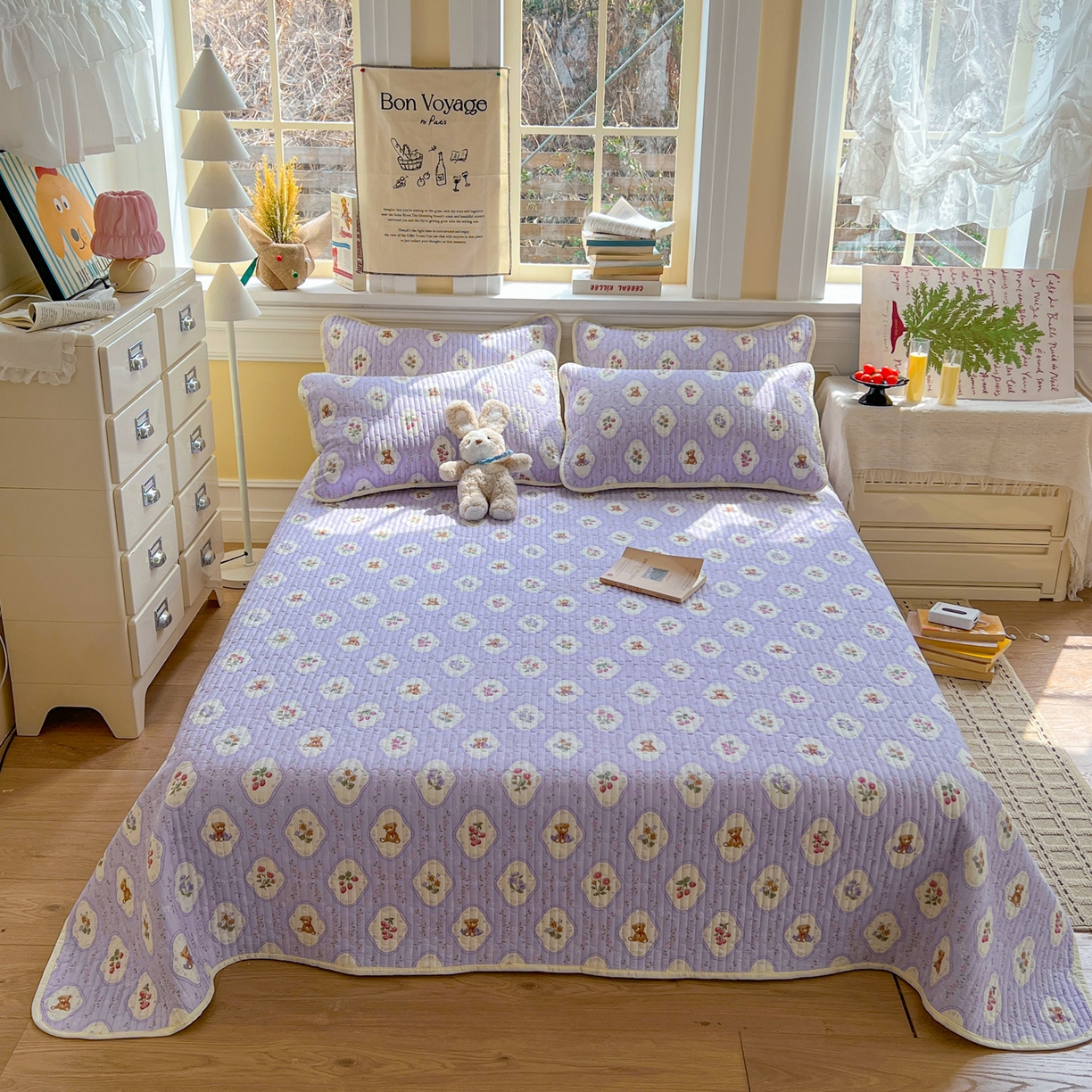 91家纺网 家纺一手货源 找家纺 优雅星家纺 2026新款A类小清新四季可用学生宿舍床单  单件夹棉炕盖床盖炕毯三件套（长期有货） 紫韵花开