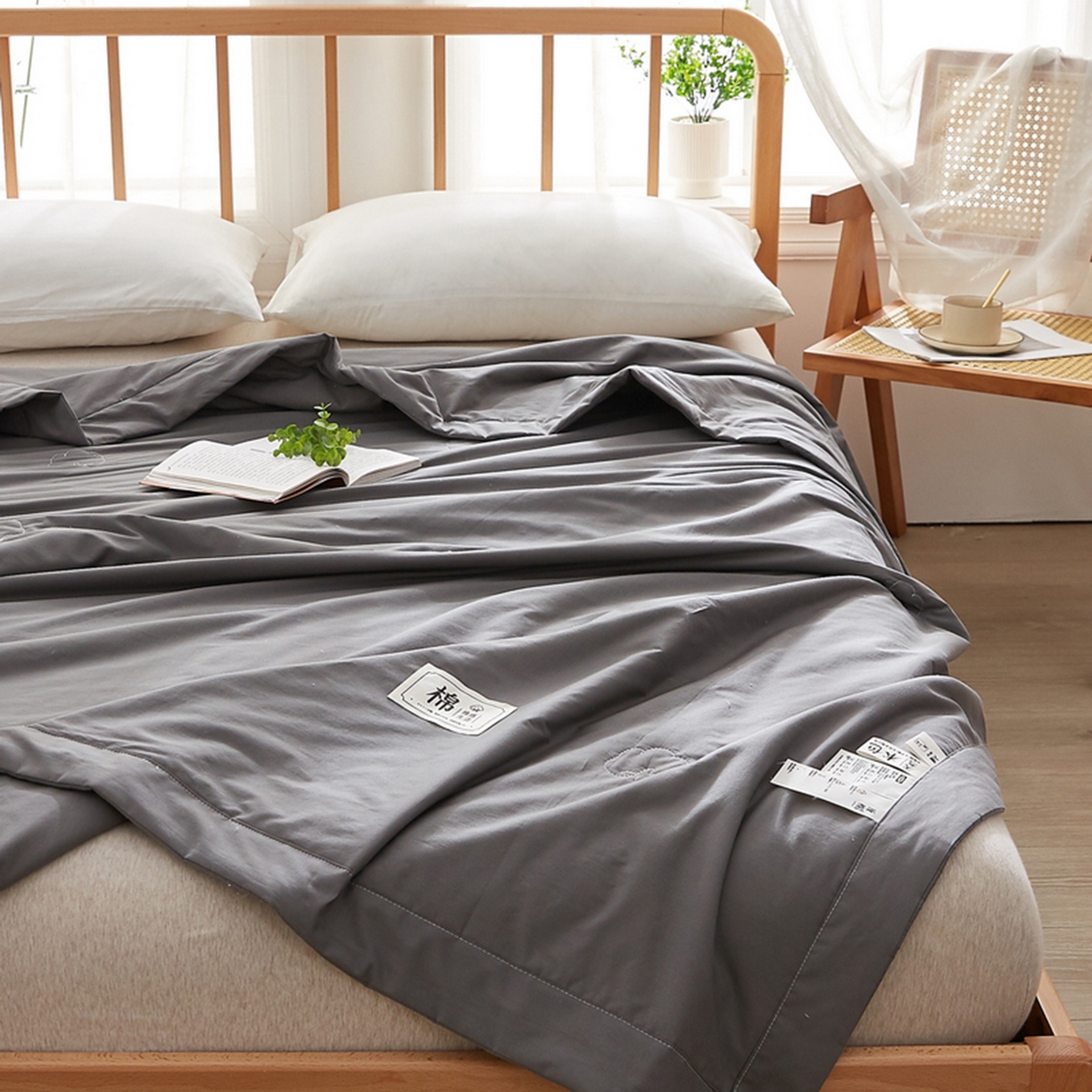 91家纺网 家纺一手货源 找家纺 猎鹿人家纺 2026新款纯色全棉水洗棉棉花夏被空调被 迷雾黑