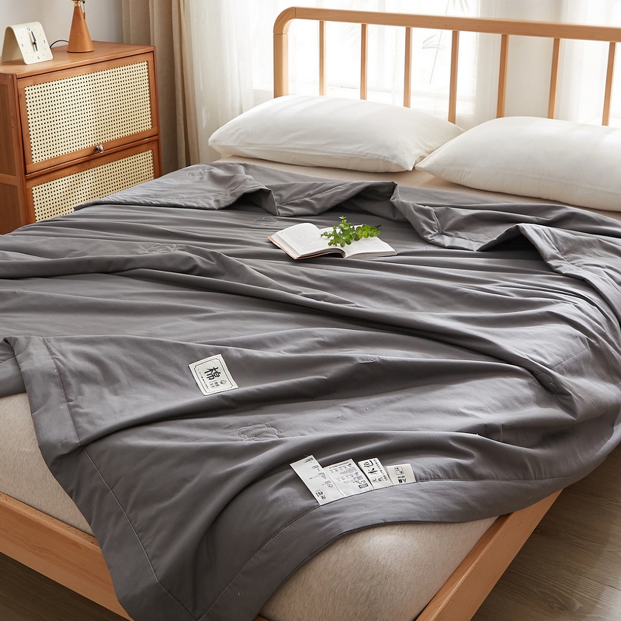 91家纺网 家纺一手货源 找家纺 猎鹿人家纺 2026新款纯色全棉水洗棉棉花夏被空调被 迷雾黑