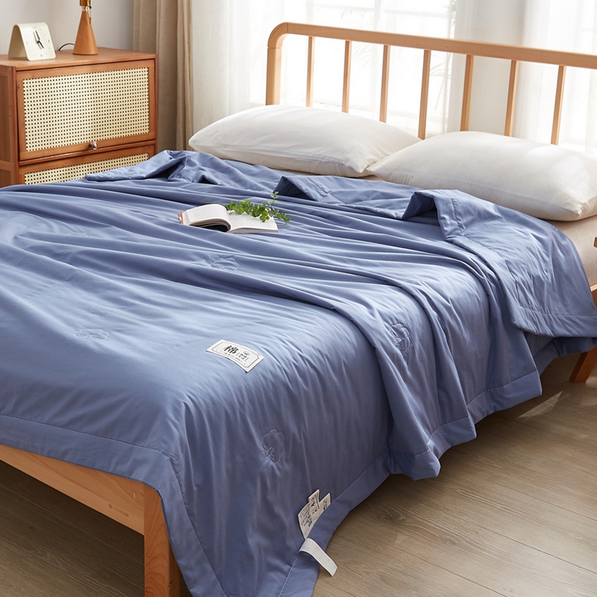 91家纺网 家纺一手货源 找家纺 猎鹿人家纺 2026新款纯色全棉水洗棉棉花夏被空调被 天青蓝