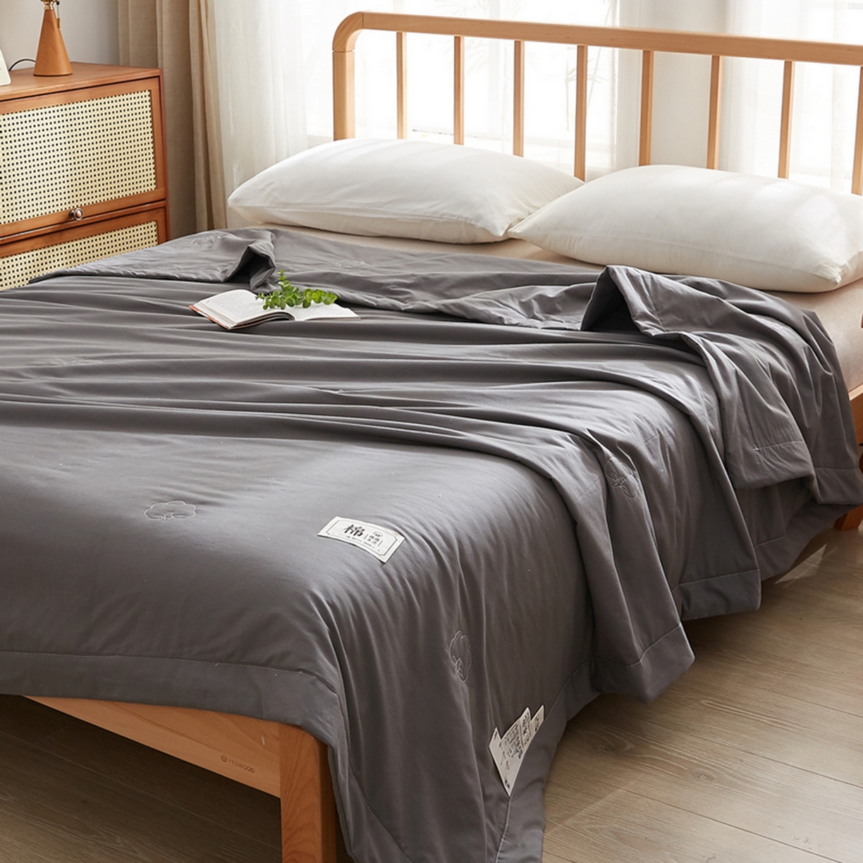 91家纺网 家纺一手货源 找家纺 猎鹿人家纺 2026新款纯色全棉水洗棉棉花夏被空调被 迷雾黑