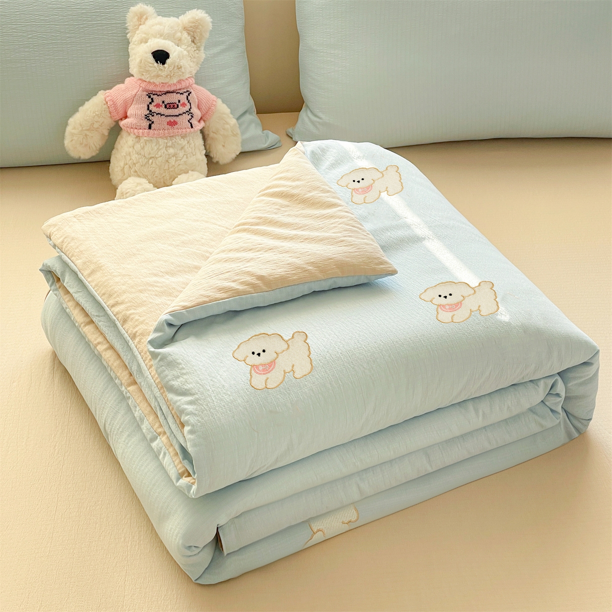 盛秋家纺 2026新款皱皱纱散点绣夏被-妮可 小狗天空蓝