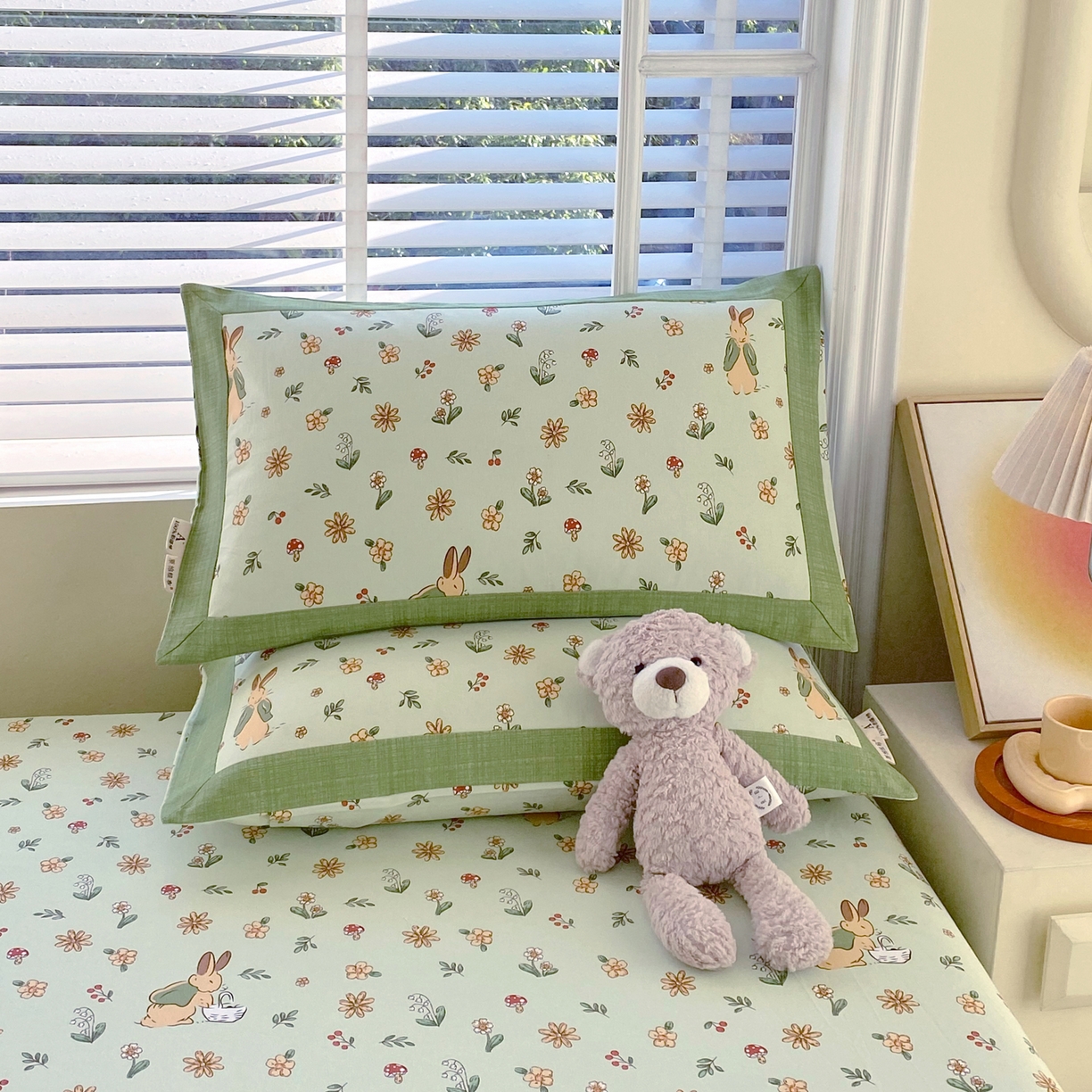 91家纺网 家纺一手货源 找家纺 春皖家纺 2026新款全棉老粗布工艺款单枕套枕套单件 兔开心