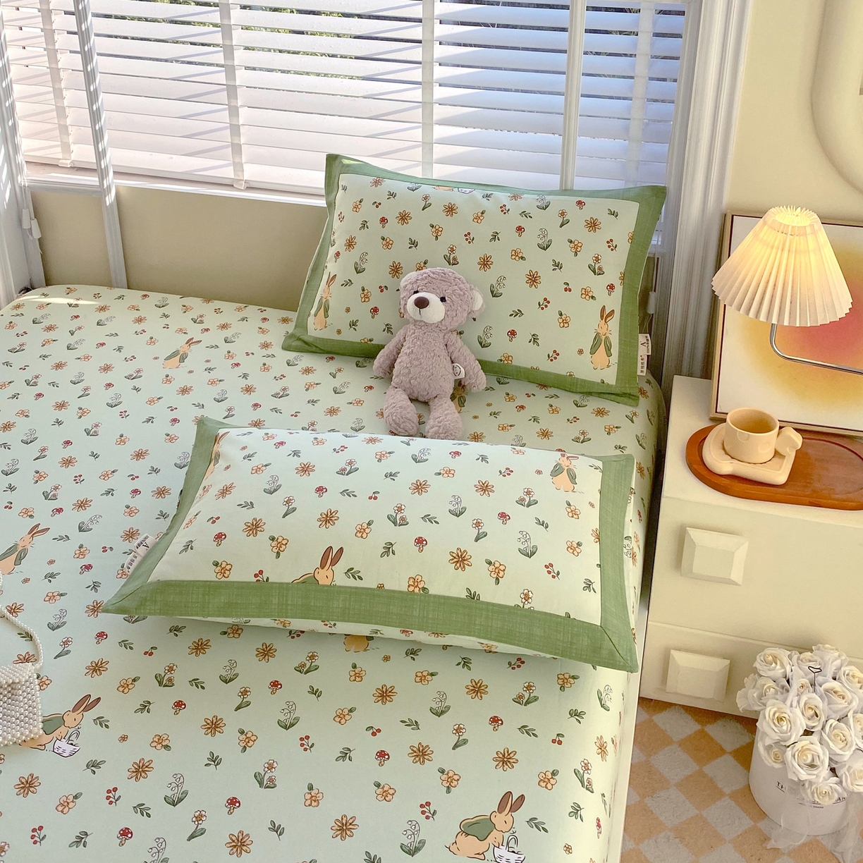 91家纺网 家纺一手货源 找家纺 春皖家纺 2026新款全棉老粗布工艺款单枕套枕套单件 兔开心