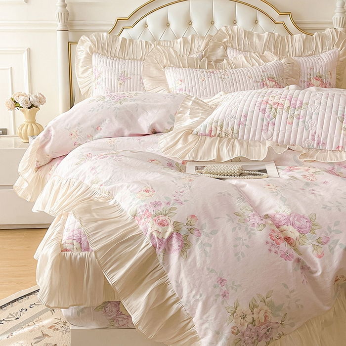 91家纺网 家纺一手货源 找家纺 宜凡家纺 2026新款全棉夹棉公主风床笠三件套 春日微光