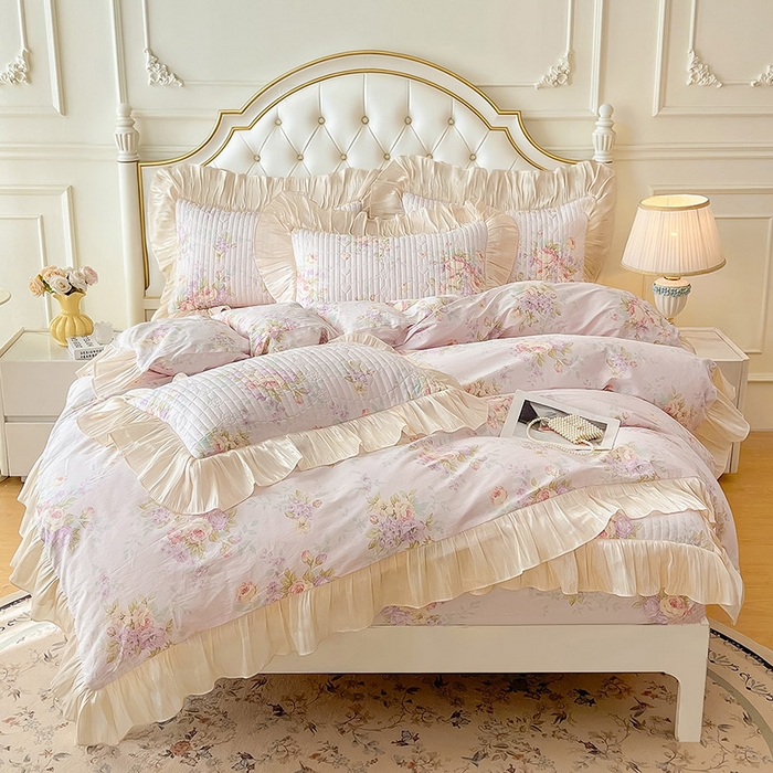 宜凡家纺 2026新款全棉夹棉公主风床笠三件套 春日微光