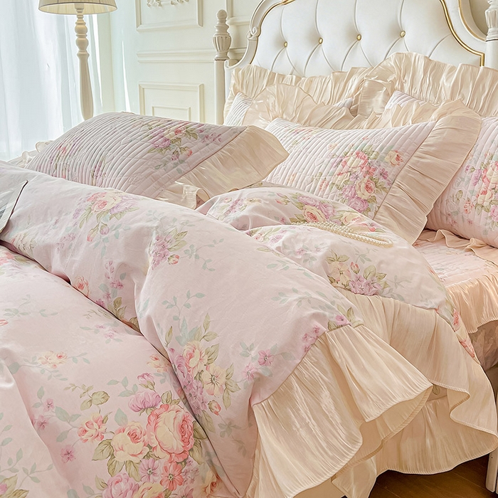 91家纺网 家纺一手货源 找家纺 宜凡家纺 2026新款全棉夹棉公主风床笠三件套 春日微光