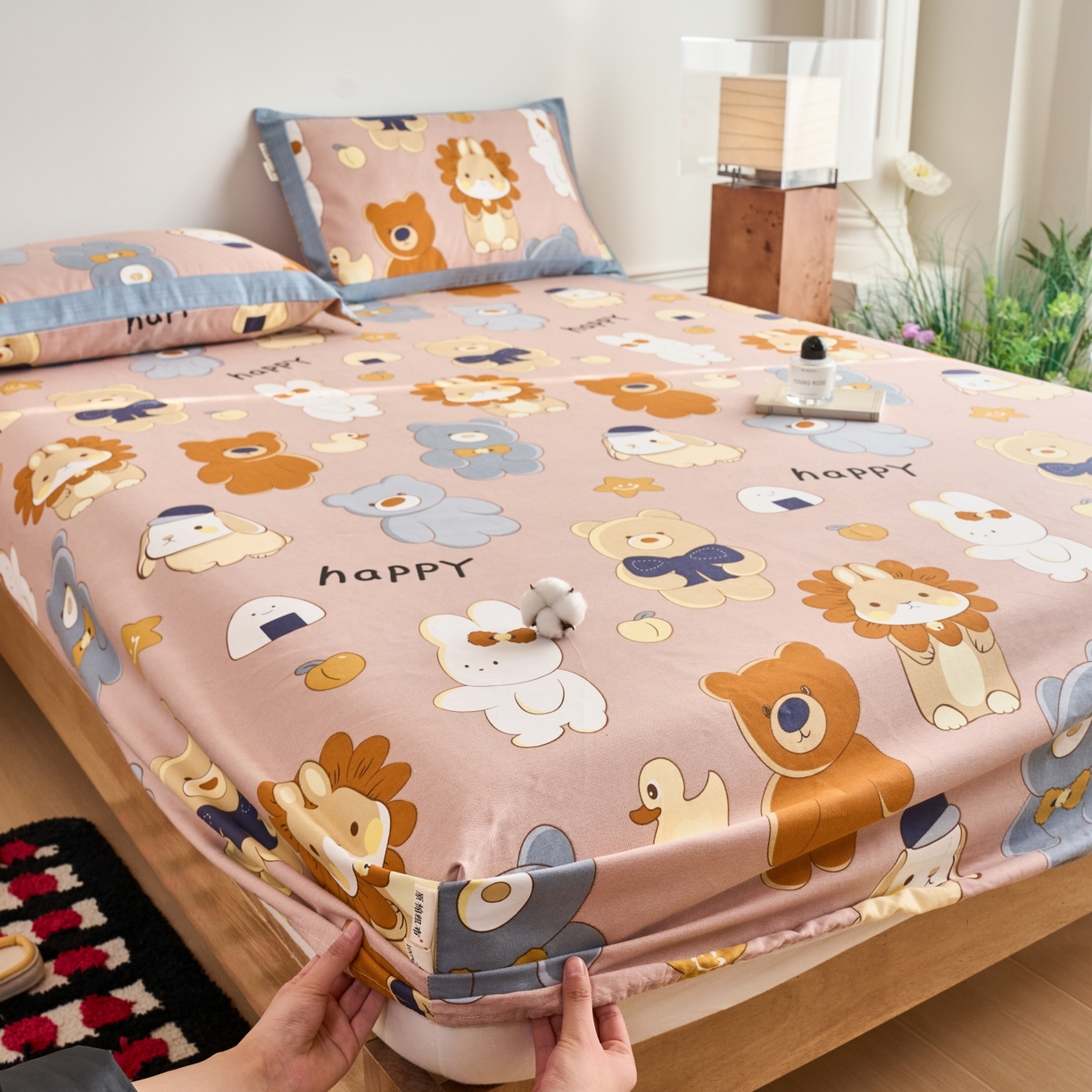 91家纺网 家纺一手货源 找家纺 春皖家纺 2026新款全棉老粗布工艺款单床笠床笠单件 快乐熊