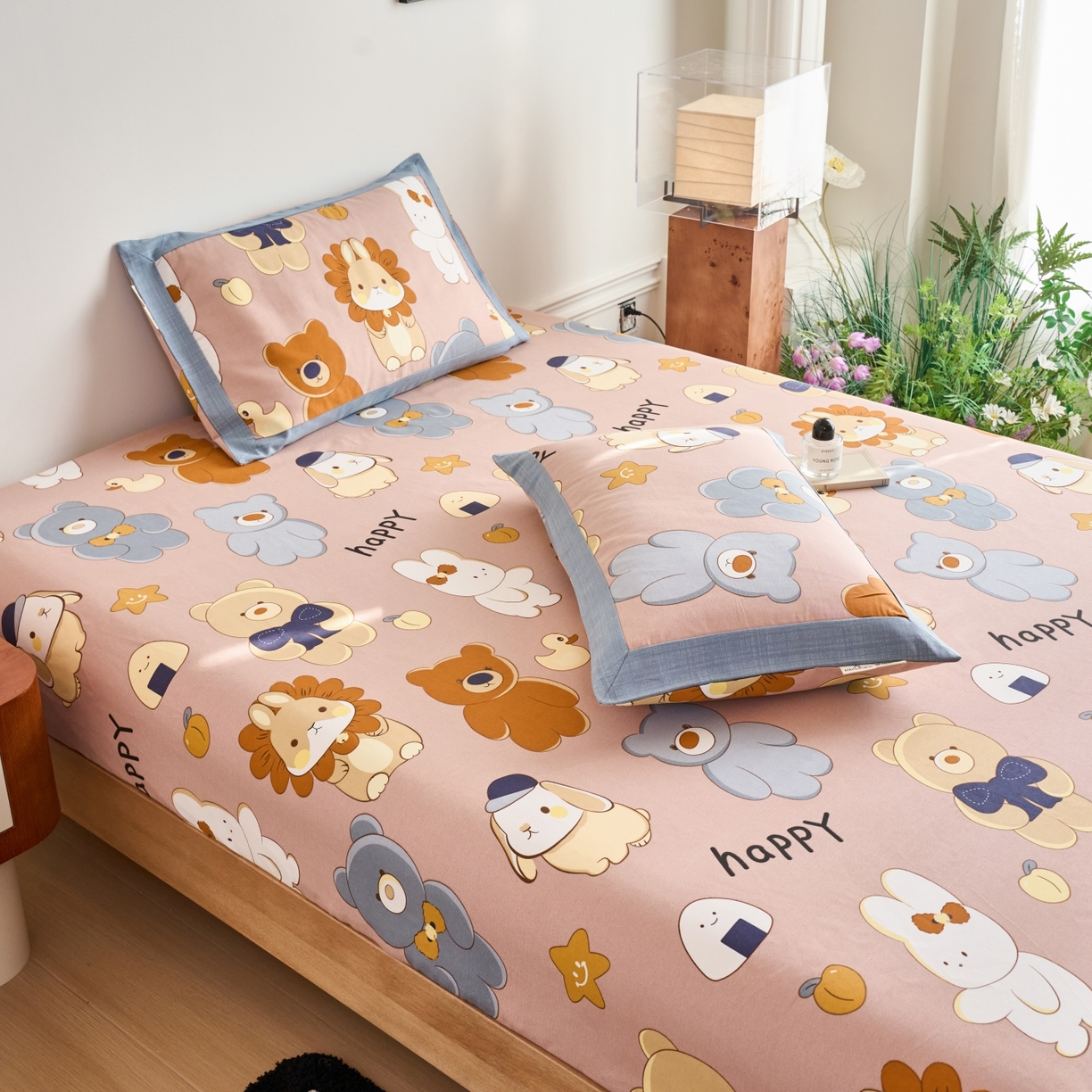 91家纺网 家纺一手货源 找家纺 春皖家纺 2026新款全棉老粗布工艺款单床笠床笠单件 快乐熊