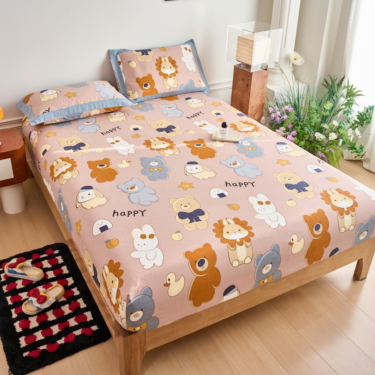 91家纺网 家纺一手货源 找家纺 春皖家纺 2026新款全棉老粗布工艺款单床笠床笠单件 快乐熊