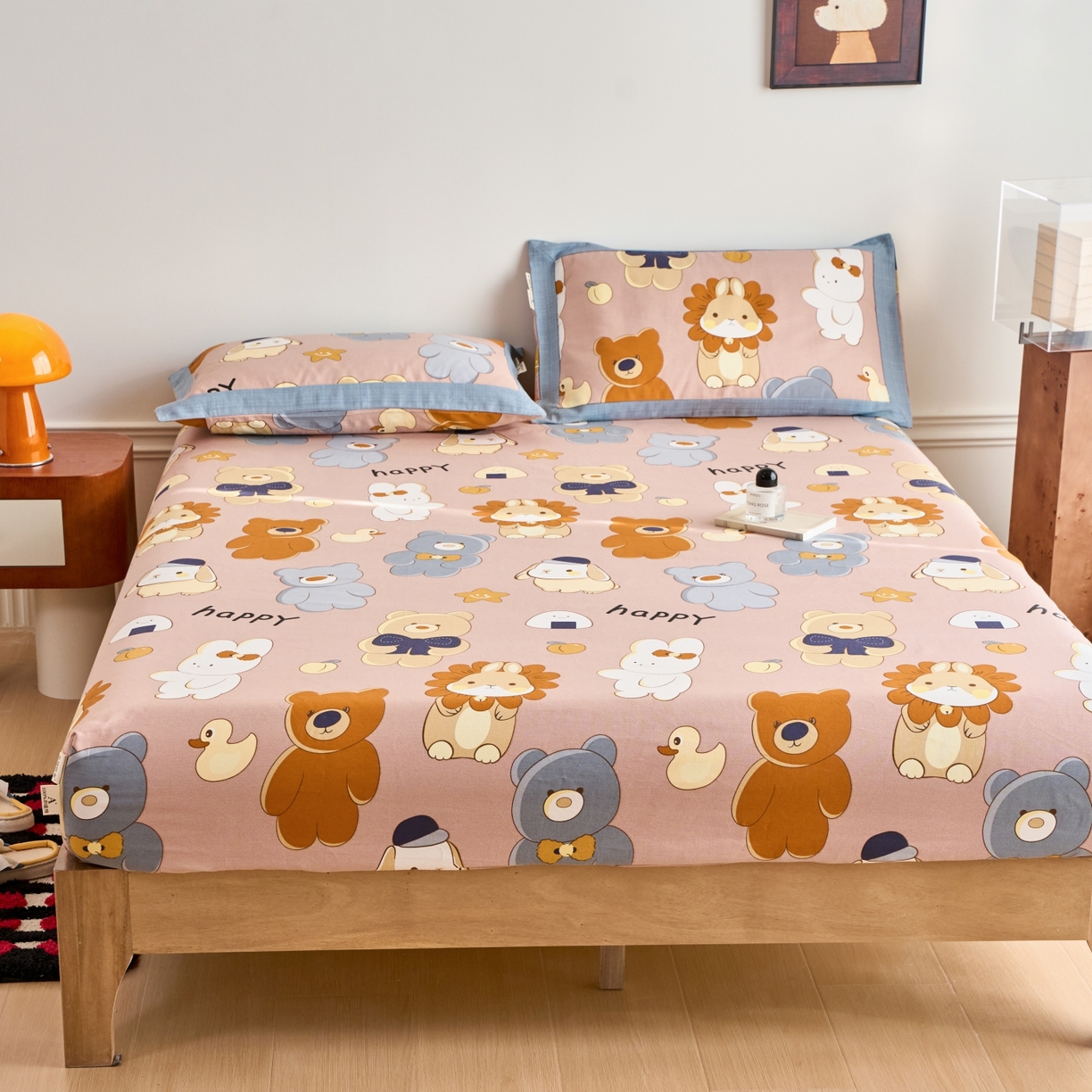 91家纺网 家纺一手货源 找家纺 春皖家纺 2026新款全棉老粗布工艺款单床笠床笠单件 快乐熊