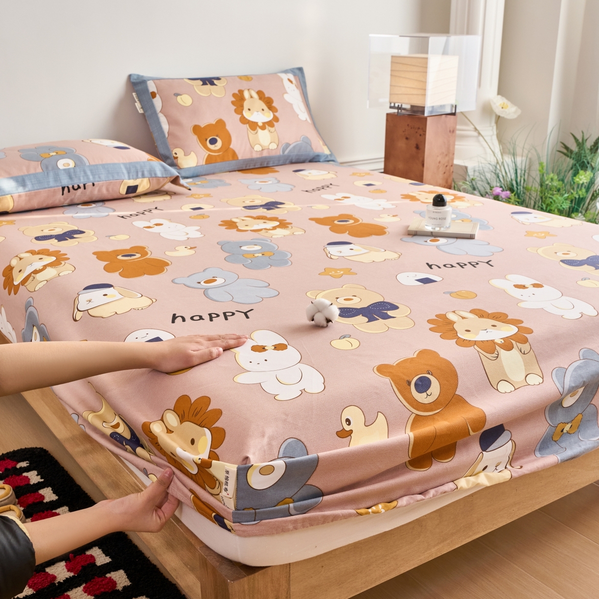 91家纺网 家纺一手货源 找家纺 春皖家纺 2026新款全棉老粗布工艺款单床笠床笠单件 快乐熊