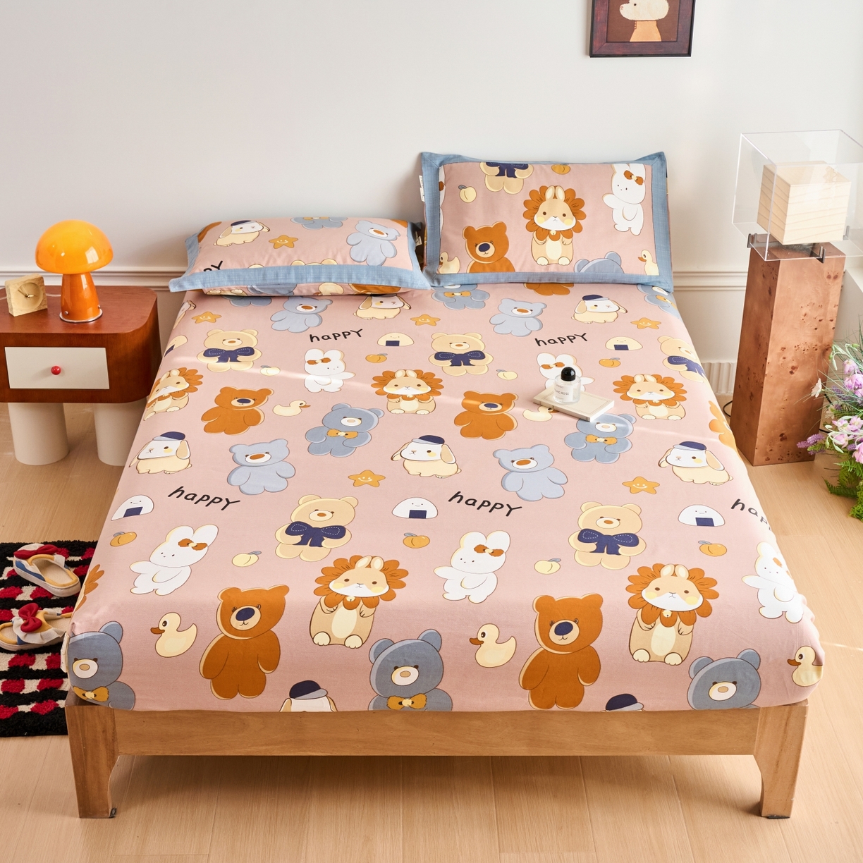 91家纺网 家纺一手货源 找家纺 春皖家纺 2026新款全棉老粗布工艺款单床笠床笠单件 快乐熊