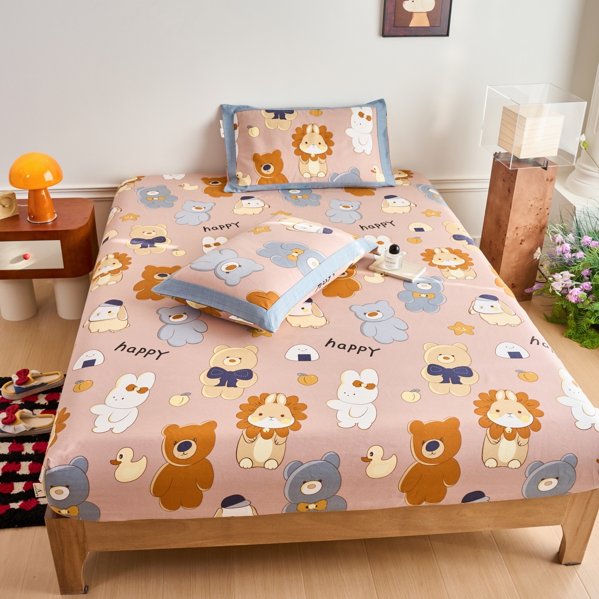 91家纺网 家纺一手货源 找家纺 春皖家纺 2026新款全棉老粗布工艺款单床笠床笠单件 快乐熊