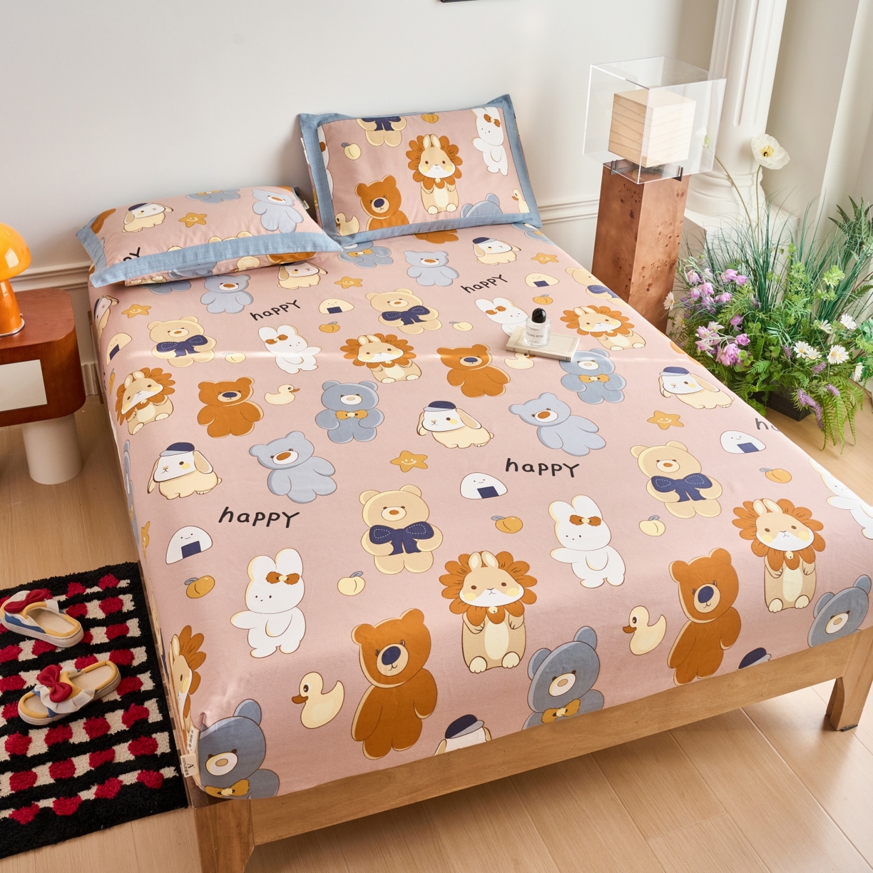 91家纺网 家纺一手货源 找家纺 春皖家纺 2026新款全棉老粗布工艺款单床笠床笠单件 快乐熊