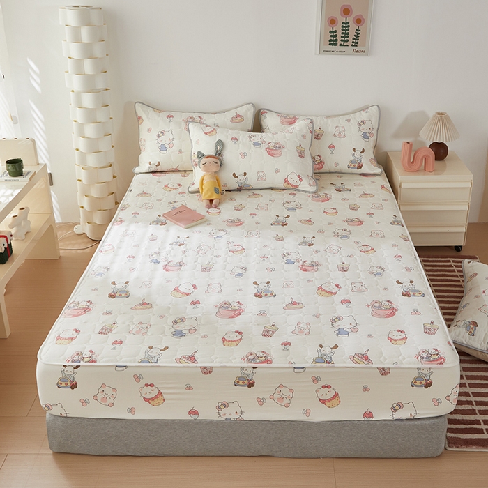 91家纺网 家纺一手货源 找家纺 舒居家纺 2026春夏新款夹棉防水印花单床笠 床笠单件 奶猫