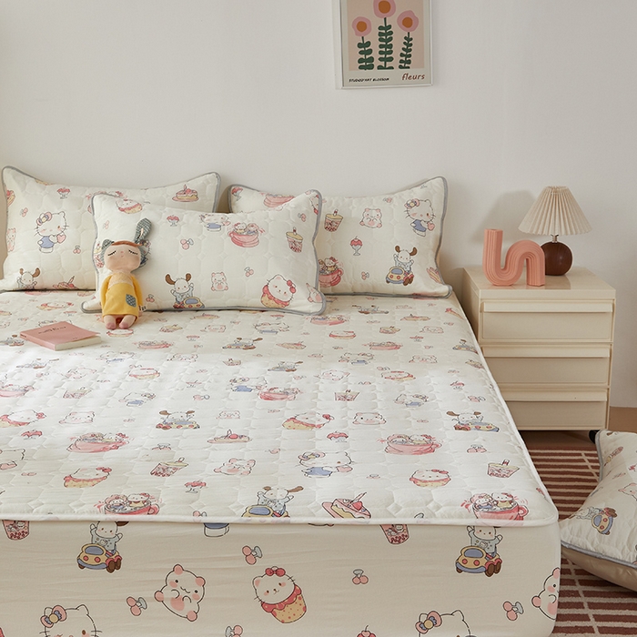 91家纺网 家纺一手货源 找家纺 舒居家纺 2026春夏新款夹棉防水印花单床笠 床笠单件 奶猫