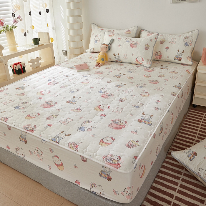 91家纺网 家纺一手货源 找家纺 舒居家纺 2026春夏新款夹棉防水印花单床笠 床笠单件 奶猫