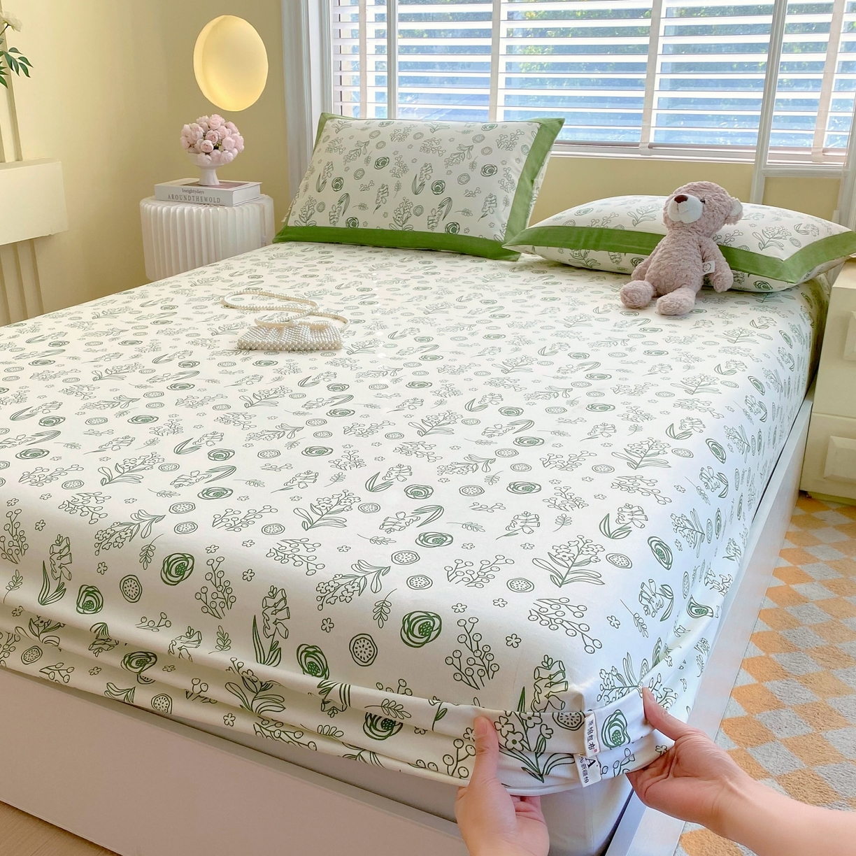 91家纺网 家纺一手货源 找家纺 春皖家纺 2026新款全棉老粗布工艺款单床笠床笠单件 浅韵-绿