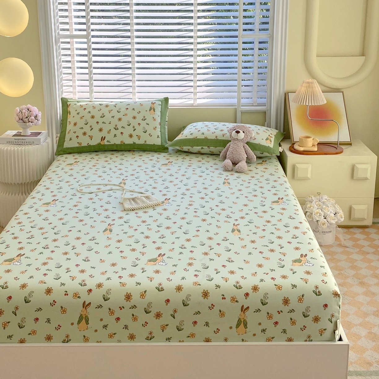 91家纺网 家纺一手货源 找家纺 春皖家纺 2026新款全棉老粗布工艺款单床笠床笠单件 兔开心