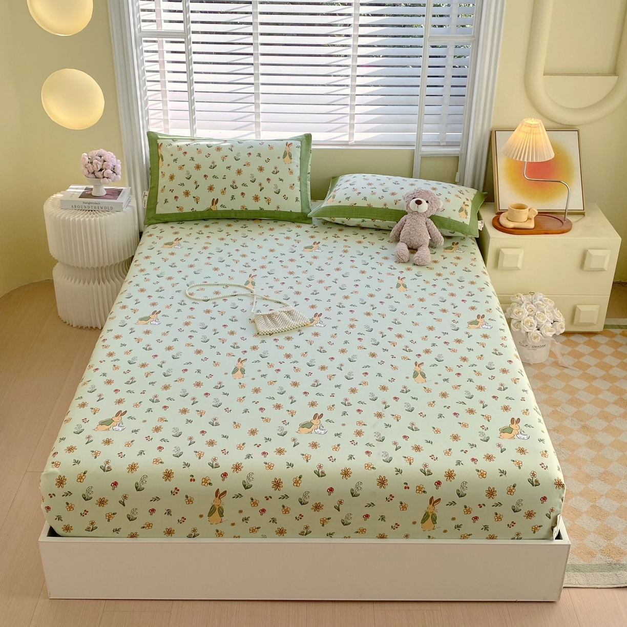 91家纺网 家纺一手货源 找家纺 春皖家纺 2026新款全棉老粗布工艺款单床笠床笠单件 兔开心