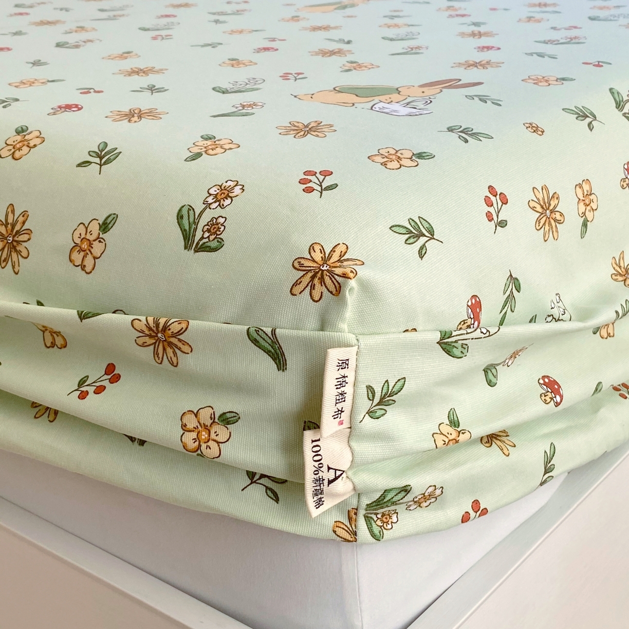 91家纺网 家纺一手货源 找家纺 春皖家纺 2026新款全棉老粗布工艺款单床笠床笠单件 兔开心