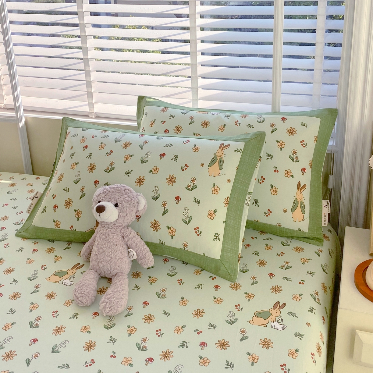 91家纺网 家纺一手货源 找家纺 春皖家纺 2026新款全棉老粗布工艺款单床笠床笠单件 兔开心