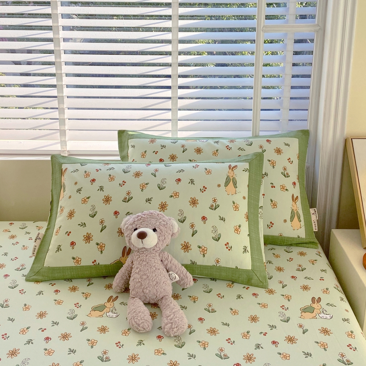 91家纺网 家纺一手货源 找家纺 春皖家纺 2026新款全棉老粗布工艺款单床笠床笠单件 兔开心