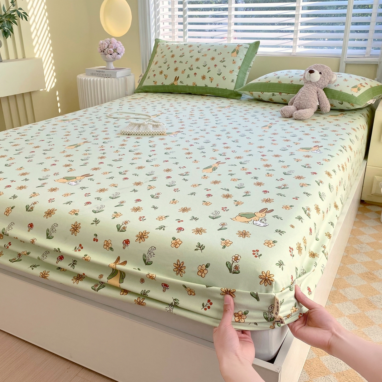 91家纺网 家纺一手货源 找家纺 春皖家纺 2026新款全棉老粗布工艺款单床笠床笠单件 兔开心