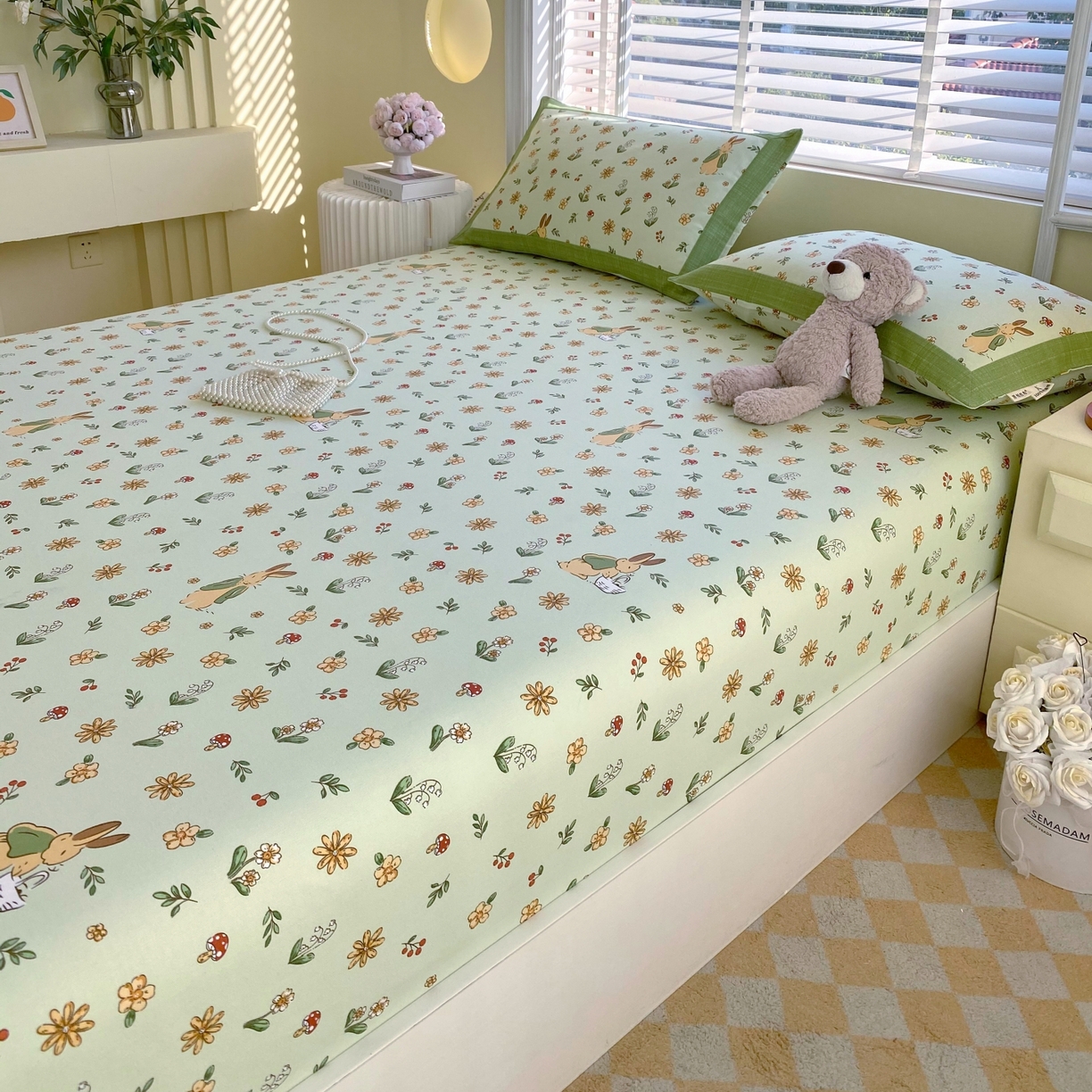 91家纺网 家纺一手货源 找家纺 春皖家纺 2026新款全棉老粗布工艺款单床笠床笠单件 兔开心