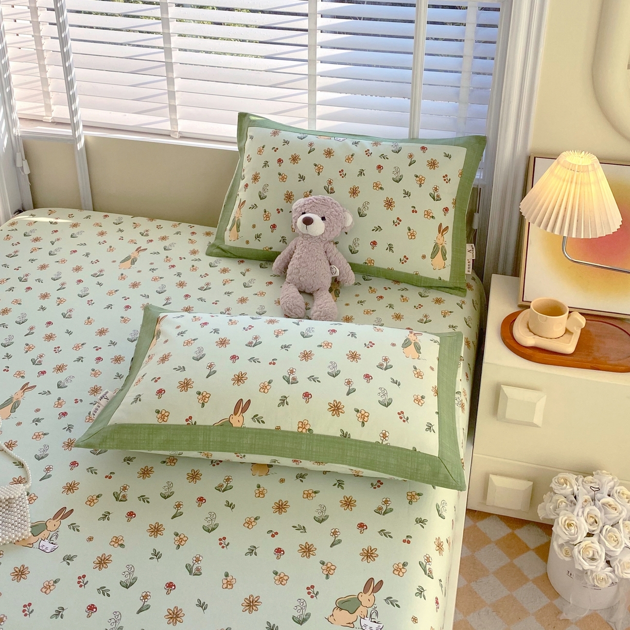 91家纺网 家纺一手货源 找家纺 春皖家纺 2026新款全棉老粗布工艺款单床笠床笠单件 兔开心