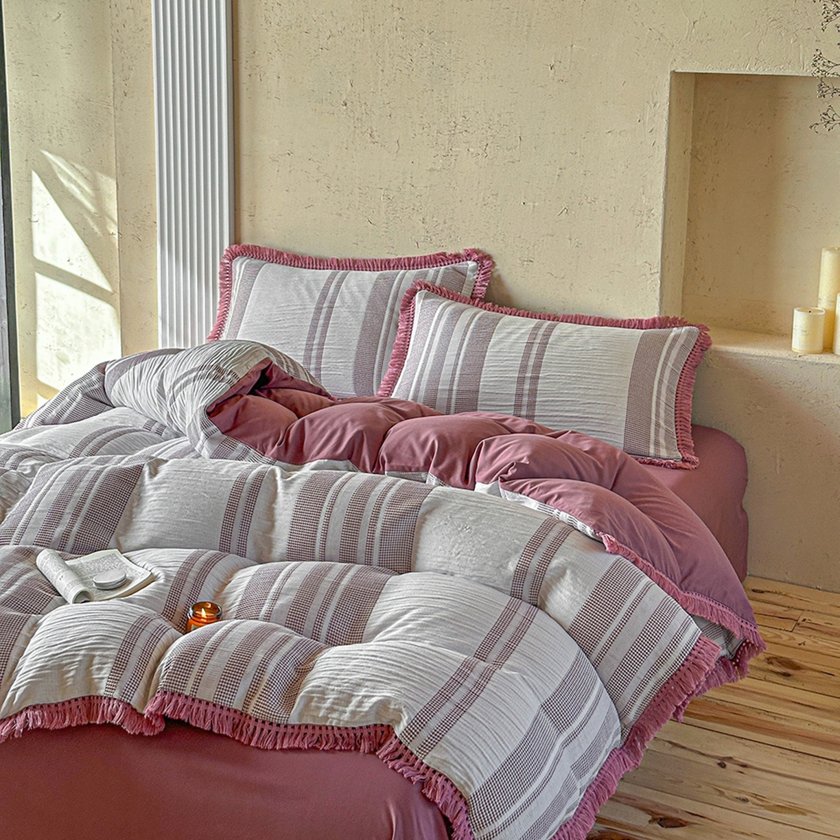 91家纺网 家纺一手货源 找家纺 （总）缘生活 2026新款色织提花双层纱华夫格流苏四件套